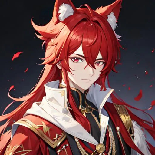 Prompt: Zerif 1male (Red side-swept hair covering his right eye) wearing a wolf costume, UHD, 8K