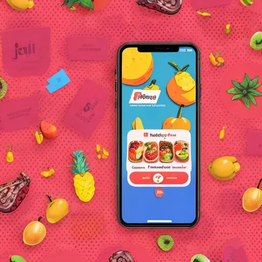 Prompt: create a user interface for an application of food delivery, displayed on iPhone 13max pro, using pop art and simple wordings, funky fruits pattern on background with studio lights 