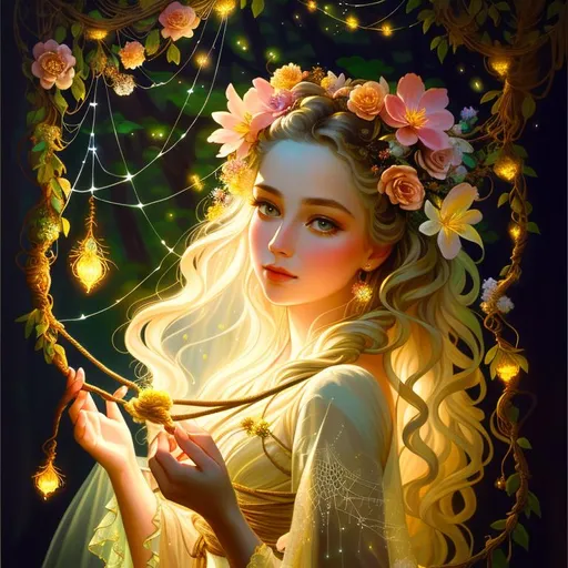 Prompt: front view painting of a beautiful girl, style of fragonard and Yoshitaka Amano (light hair with flowers, messy), ropes, ((forest background)), bioluminescent, (wearing intricate clothes), vines, delicate, soft, fireflies, spiders, spider webs, webs, silk, threads, ethereal, luminous, glowing, dark contrast, celestial, ribbons, trails of light, 3D lighting, soft light, vaporwave