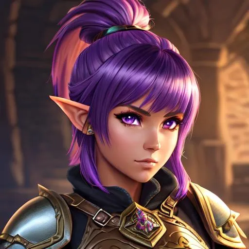 Prompt: oil painting, D&D fantasy, tanned-skinned-gnome girl, tanned-skinned-female, short, beautiful, short bright purple hair, bangs and ponytail hair, ready for battle, pointed ears, looking at the viewer, Warrior wearing intricate armor outfit, #3238, UHD, hd , 8k eyes, detailed face, big anime dreamy eyes, 8k eyes, intricate details, insanely detailed, masterpiece, cinematic lighting, 8k, complementary colors, golden ratio, octane render, volumetric lighting, unreal 5, artwork, concept art, cover, top model, light on hair colorful glamourous hyperdetailed medieval city background, intricate hyperdetailed breathtaking colorful glamorous scenic view landscape, ultra-fine details, hyper-focused, deep colors, dramatic lighting, ambient lighting god rays, flowers, garden | by sakimi chan, artgerm, wlop, pixiv, tumblr, instagram, deviantart