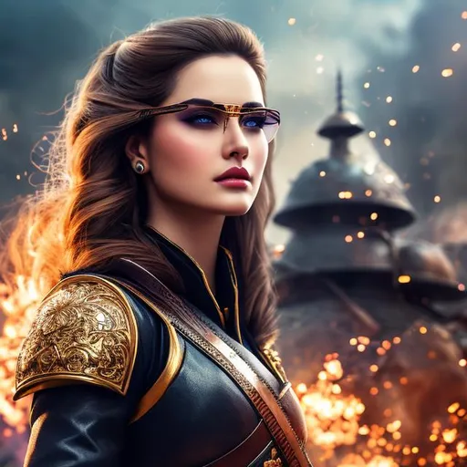 Prompt: create hig quality photograph of  beautiful female princes soldier with sunglasses on, explosion in background, extremely detailed face, extremely detailed environment, extremely detailed background, intricate, extremely detailed skin, natural colors , professionally color graded, photorealism, 8k, realistic, moody lighting, ambience lighting