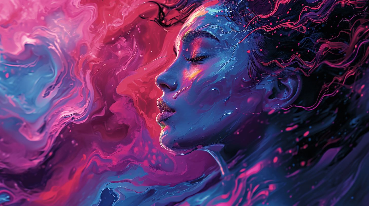 Prompt: Wide portrayal of a woman's radiant face in profile, accentuated by grand, twisty curls painted in shades of rosy pink, deep blue, and lilac. The background is an enthralling dance of neon waves, spiraling outward. The color scheme is a dynamic mix of cool tones, conjuring an entrancing, futuristic sensation.