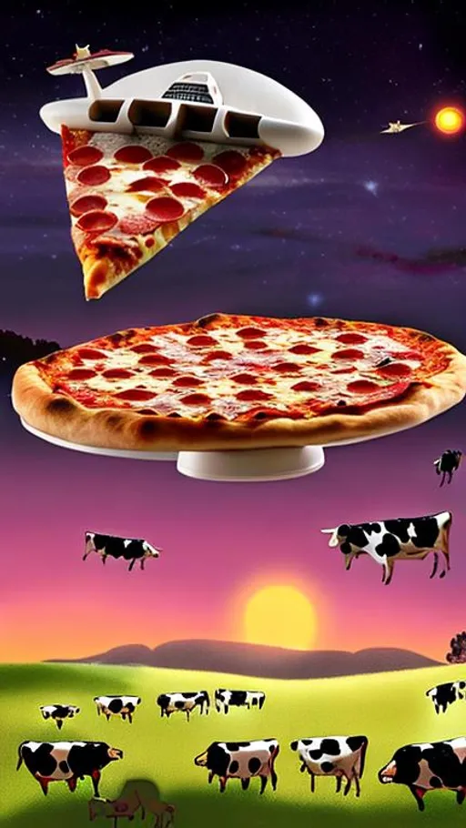 Prompt: Pizza spaceship hovering over a field of cows on a hot summer night