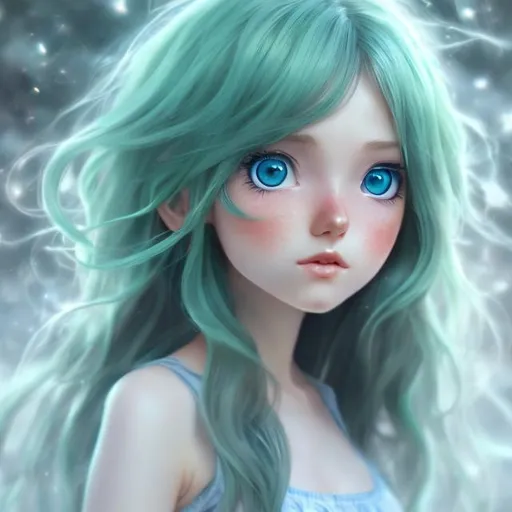 Prompt:  Realistic girl in anime, hyper detailed, long green wavy hair  anime girl and has blue 
eyes,highly full character visible, soft lighting, high definition, ultra realistic, digital art.