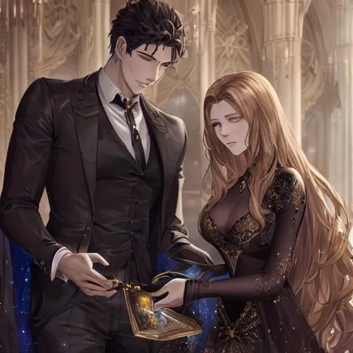 Prompt: Rhysand and Feyre in starry night, portrait, 1/3 portrait, concept art, mid shot, intricately detailed, color depth, cinematic, oil splashes, intricate detailed
