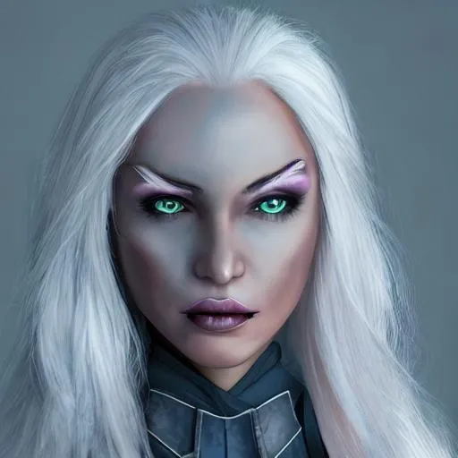 Prompt: Hyperrealistic female character, white hair, drow sorceress, magical, fantasy, dungeons and dragons