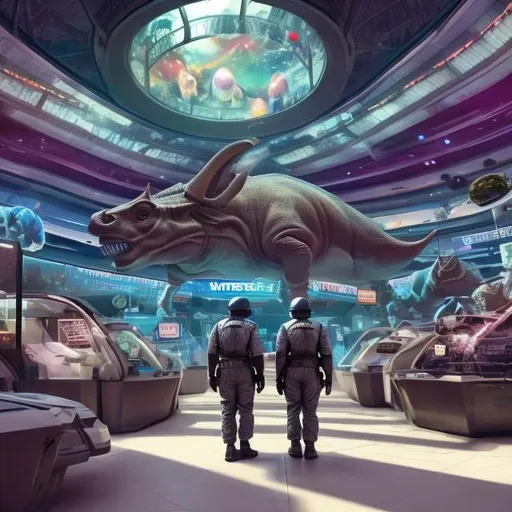 Prompt: Triceratops security guards in a busy alien mall, widescreen, infinity vanishing point, galaxy background, surprise easter egg