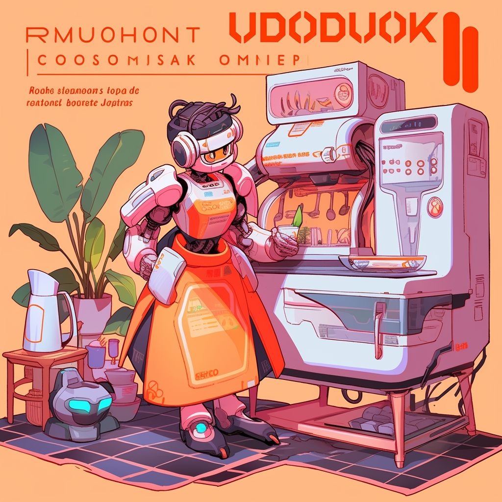 Prompt: advertisment for robot housemaid, in the style of retro futurism, light orange and amber, psychedelic soundscapes, editorial illustrations, lunarpunk, luminescent color scheme, applecore