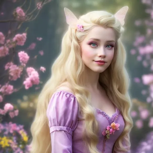 Prompt: professional photo disney sleeping beauty as live action human girl hd hyper realistic beautiful blonde hair light skin beautiful face pink dress
cottage in forest hd background with live action realistic fairies 