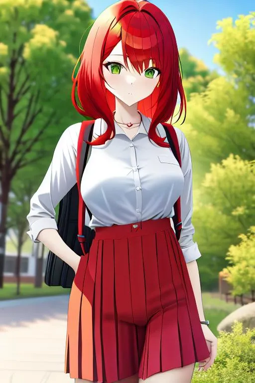 Prompt: Anime female, red hair, green eyes, slender frame, comfortable clothes, backpack, outdoor park background, soft natural light