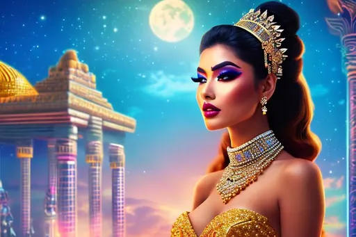 Prompt: head-on, surreal cartoon, high fashionista pose, glossy, walking toward viewer, stunning Mayan dancer, she is dressed like a summer queen, dramatic jewelry, statement necklace, background is architecture lit by the moon,  trending on artstation