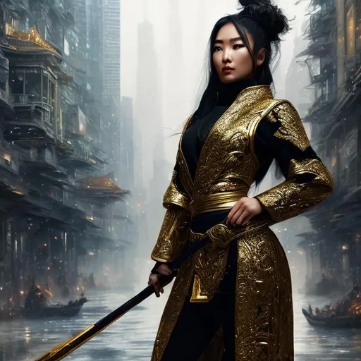 Prompt: create best quality photograph of beautiful female ninja who is wearing gold and black ninja style robes in future, detailed future city as background, detailed face, extremely detailed environment, extremely detailed background, extremely detailed skin, extremely detailed clothing, natural colors , professionally color graded, photorealism, 8k, realistic, moody lighting, galactic environment, volumetric lighting