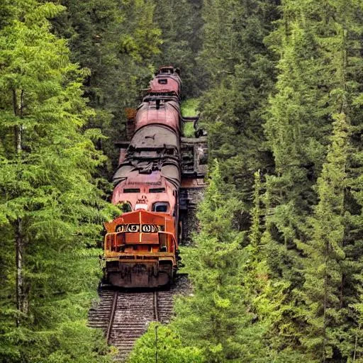 Prompt: abandoned freight train in the forest


