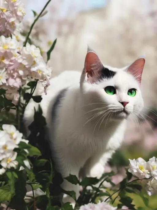 Prompt: a white cat with black ears and green eyes in a beautiful garden