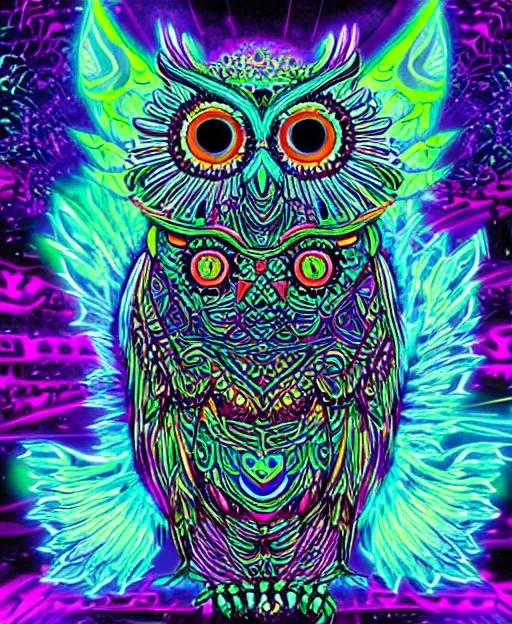 Prompt: Psychedelic owl in a cyber city