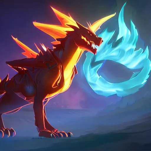 Prompt: Charizard blue, Pokémon, evolved, powerful, fire tornado, burning tail, dragon, roaring, burning forest