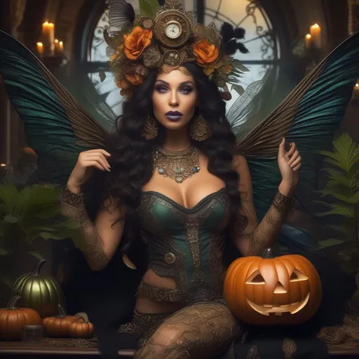 Prompt: Full body in shot. Epic. ((Ultra-detailed depiction)). (Beautiful and aesthetic:1.2). Halloween night. She's a {{colorful}}. Steam punk, Belly dancer Witch. A ((spectacular)) ((intricate}), winged. Cannabis fairy, with {{{atomically real hands}}} A (very beautiful),  buxom,  shapely woman)). (((colorful))) (((extremely ((bright)) eyes}}}. (((best quality))). ((ultra detailed)), ((absurdres)), Epic. (Octane render). {She is wearing a skimpy (((colorful)))  ((gossamer)) flowing outfit}. solo. trending on Artstation. 