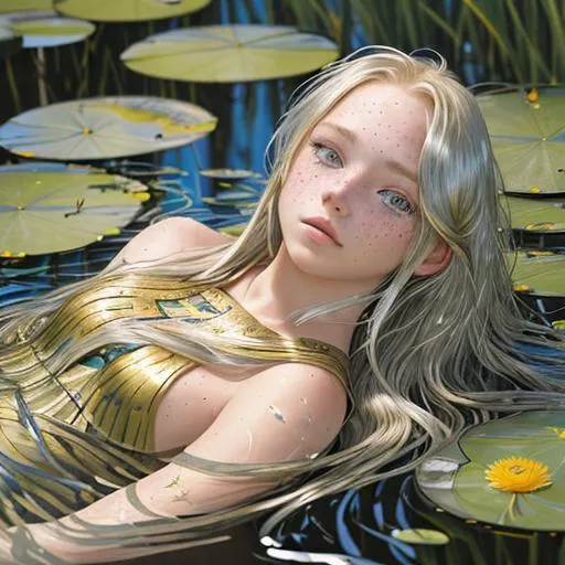 Prompt: A young girl with long, flowing gold hair is laying in reeds and surrounded by water lilies, UHD, HD colour, freckles, decal, silver, pointy