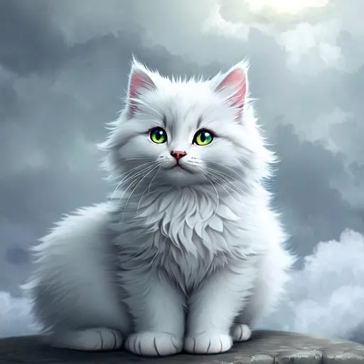 Prompt: Cute, very, very, light gray, fluffy, fantasy light kitten, with cloudy, white eyes, very, light, light, gray fur, and possessing the element of air and making circles of clouds and air move around in the air in a magical way, in a space background. Perfect features, extremely detailed, realistic. Krenz Cushart + loish +gaston bussiere +craig mullins, j. c. leyendecker +Artgerm.