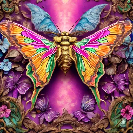 Prompt: Ornate moth diorama in the style of Lisa frank