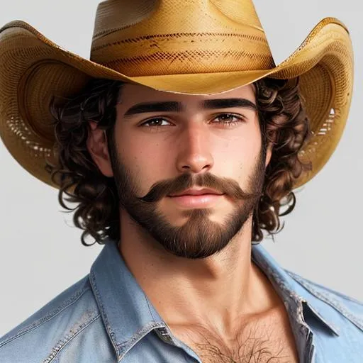 Prompt: A handsome young ,athelitic male , curly brown hair and a scruffy beard, wearing a cowboy hat, facial closeup