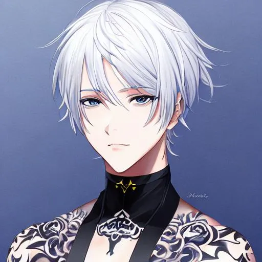 Prompt: pixiv, a man, white hair, short hair, deep blue eyes, detailed face, waist-up shot, HDRI, masterpiece, smooth, sharp focus, illustration, tattoo of black horizontal lines on cheeks, emo