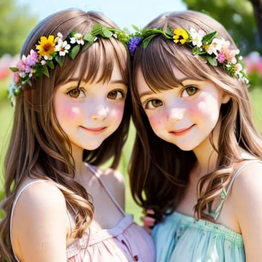 Prompt: two  cute girls, flowers in hair, surrounded by flowers
