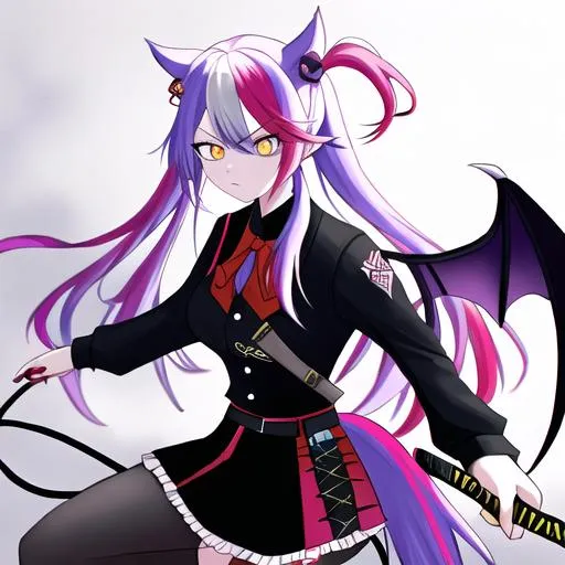 Prompt: Haley  as a demon (multi-color hair) (multi-color eyes)(she has horse ears) holding a katana, fighting, in a gunfight, bullets flying, fighting in a rural area, angry, demon tail, demon wings