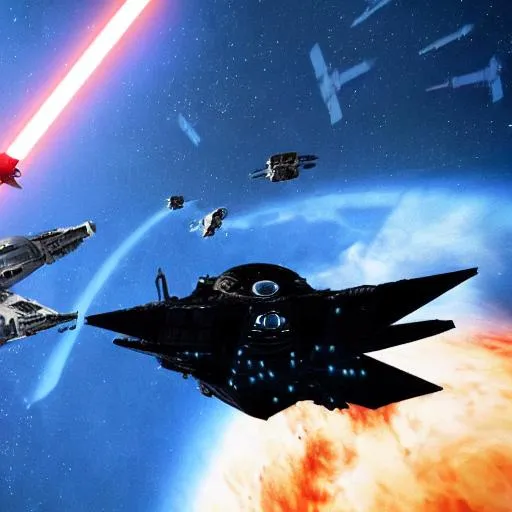 Prompt: A Star Wars Fighter Dogfight in space, a blue sun in the background, realistic, cinematic lighting