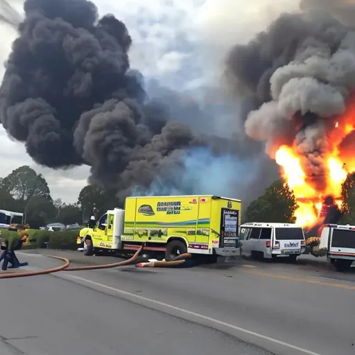 Prompt: gas truk blows up by an motel and the motel is on fire