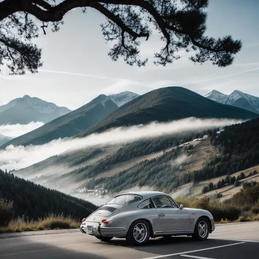 Prompt: image of light grey Porsche 356, soft lighting, mountains in background, mist in front of mountains but behind car