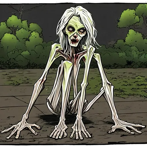 Prompt: 
skinny zombie sitting on ground
