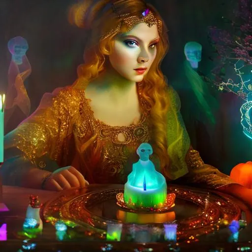 Prompt: Professional high art quality ,Ghostly and ethereal apparitions ,detailed faces and eyes. translucent ghosts populate the senance, swimming in air art portrait, matte fantasy painting, Khokhloma with chiaroscuro lighting, bioluminescence painting, large and small details, black, orange, cyan, purple, gold, green, silver, and ultra-twisted colors, gorgeous old Danish folktale, oil painting, heavy strokes, and paint dripping.
