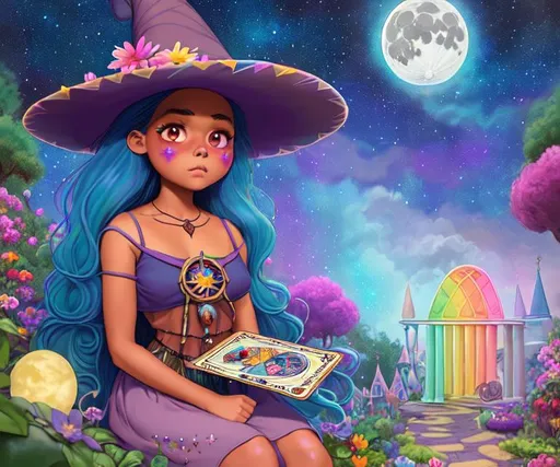 Prompt: tan skintone, mexican witch with rainbow hair, large chest, holding tarot cards, cute, flowers, aesthetic, pastel, fairycore, disney, pixar, moon, stars, witchcraft, in a starry pastel sky,  garden, sweet, dreamy, award winning illustration, artstation, highres, hyperrealistic, large doe eyes, celestial, sci-fi, fantasy, cottagecore