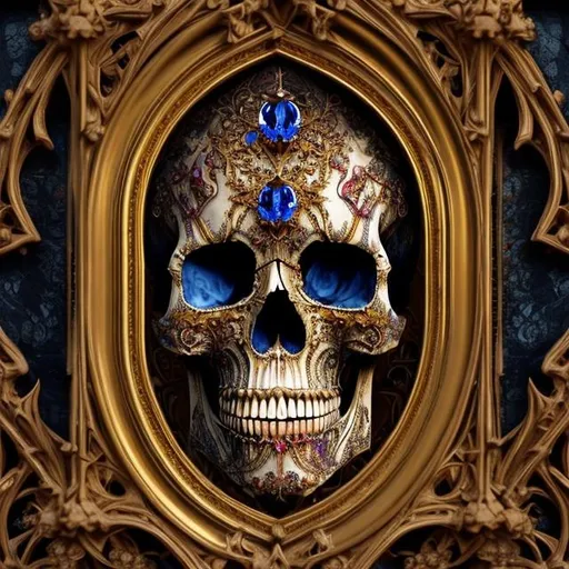 Prompt: a realistic painting of Skull inside style gothic a golden gothic frame that has sapphires embedded in it. 