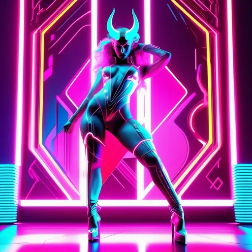 Prompt: a beautiful female demon in a dynamic pose in a retro futuristic synthwave cyberpunk neon paradise.  neon lighting, high quality, beautiful, synthwave, cyber, retro, futuristic