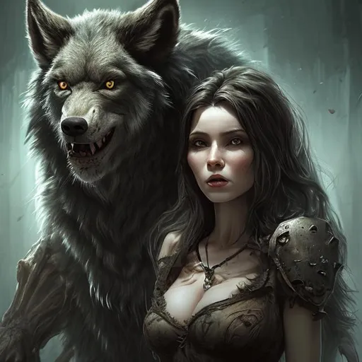 Prompt: a gorgeous dark-haired woman is standing with a grotesque wolf-like monster who is drooling saliva, fantasy art, photorealism