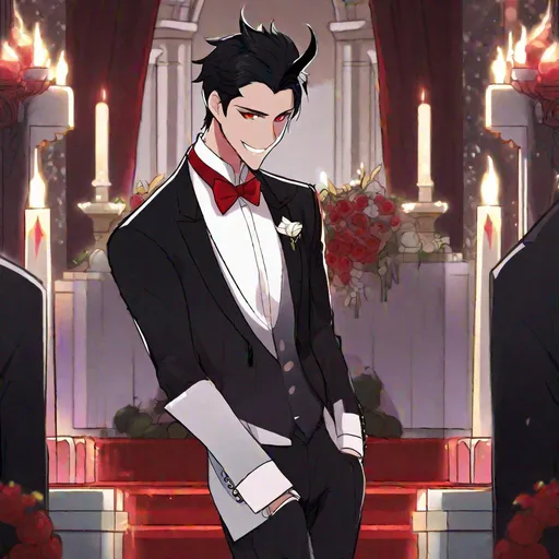 Prompt: Damien  (male, short black hair, red eyes) demon form, wearing a tuxedo, standing at the altar, grinning seductively
