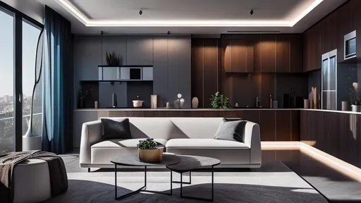 Prompt: modern futuristic Apartment interior Design with liminal space. cinematic lighting, soft color palette, after effects, lightroom, hyperrealistic, futuristische Elements, mediterrane. Architectural magazin picture. Cinematic. Wood and Stone, modern futuristic Style.