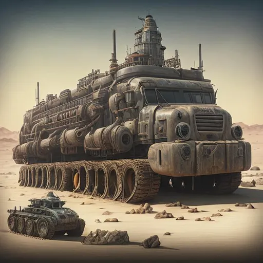 Prompt: desert, tracked vehicle, land ship, deep sea oil rig, mobile, huge, scifi