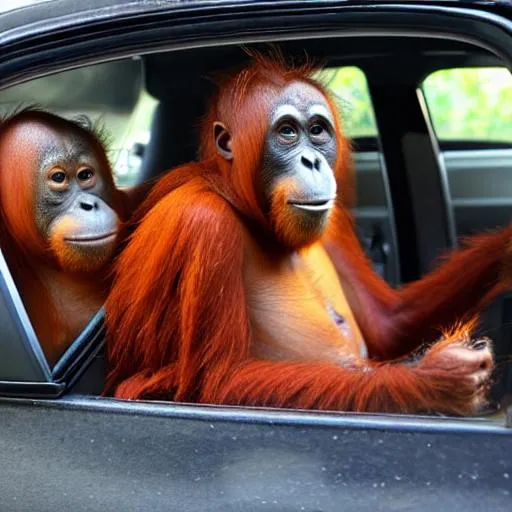 Prompt: Orangutans driving a car