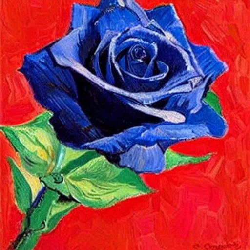 Prompt: one single red rose with a blue background, van gogh