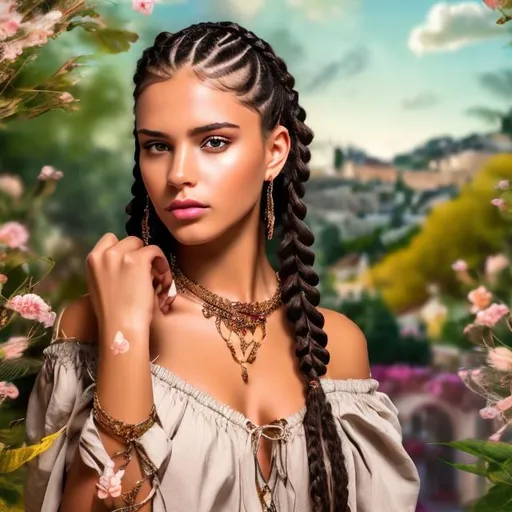 Prompt: professional modeling photo live action  human woman hd hyper realistic beautiful woman dark black hair cornrows on one half light brown skin hazel eyes beautiful face light blue peasant dress with jewelry enchanting spanish landscape hd background with live action flowers and trees at night starry sky