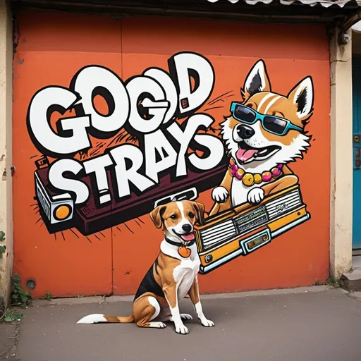 Prompt: Good strays writing traditional lowrider bike dogs boombox bright colours cartoon
