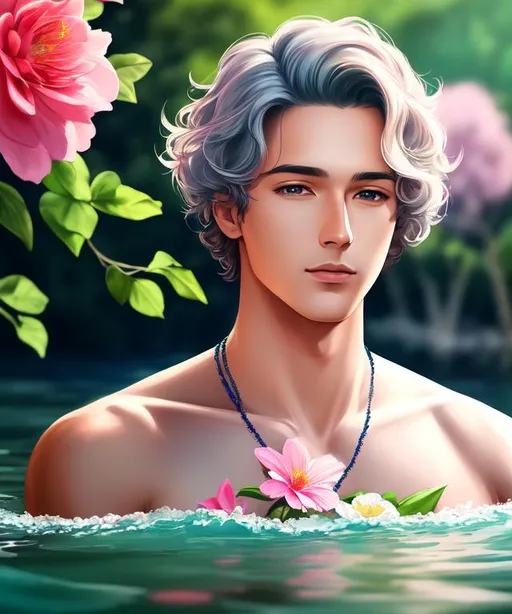 Prompt:  highest quality digital painting full-body portrait of a feminine short young pretty boy with bob wavy short hair and flowers in hair. He's up to the neck in the river. Trying to kill someone