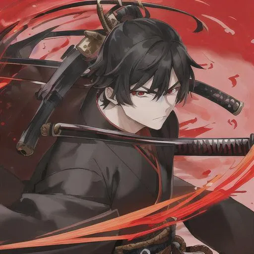 Prompt: 1st hashira a man with black and red kimono , intimidating face ,holding a black handled red bladed katana