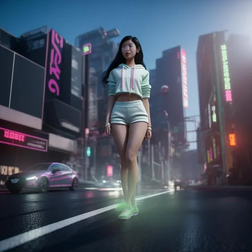 Prompt: Close-up, Gorgeous giantess Asian woman, long black hair, stunning body, large chest, in a oversized neon pink hoodie. Wearing oversized green leggings. Hyper realistic. Intricately detailed. 8k resolution. Miniature Japanese busy street. 