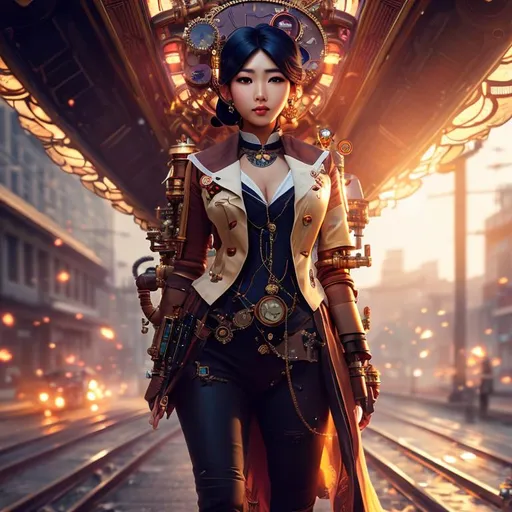 Prompt: steampunk asian kpop idol, highly detailed, digital painting, artstation, hyperrealistic, sharp focus, illustration, art by artgerm and greg rutkowski and alphonse mucha, 8k, pretty eyes, award-winning cgi, blender, headshot