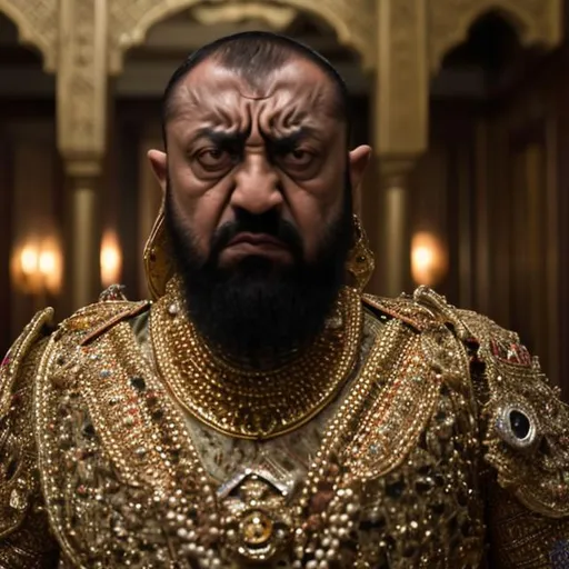 Prompt: Sultan looking angry. Big bulging eyes, raised eyebrows, hands on hips. 