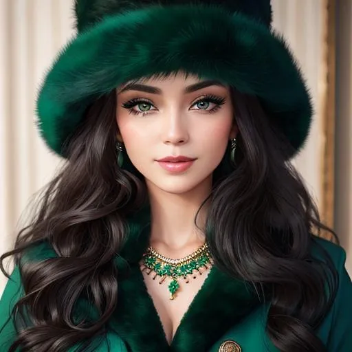 Prompt: Lady all in green, Long  very curly hair, wearing emerald jewelry, face front, blue fashion, fur hat and coat, pretty makeup, facial closeup